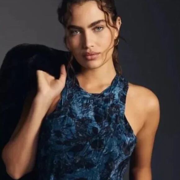 New Anthropologie Velvet Racerback Blue Tank Top - Large - Picture 2 of 5